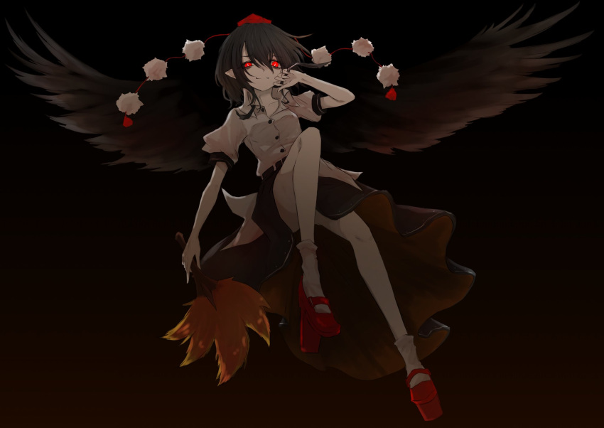 1girl aizettonagi belt bird_wings black_background black_hair black_ribbon black_skirt black_wings breasts bright_pupils buttons collared_shirt commentary_request dark_persona geta glowing glowing_eyes hand_fan hand_on_own_cheek hand_on_own_face hand_up hat hauchiwa highres holding holding_fan leg_up looking_at_viewer pale_skin pointy_ears pom_pom_(clothes) puffy_short_sleeves puffy_sleeves raised_eyebrow red_eyes red_footwear ribbon shameimaru_aya shirt short_hair short_sleeves simple_background skirt slit_pupils small_breasts smirk solo spread_wings tassel tengu-geta tokin_hat touhou undone_neck_ribbon upskirt white_legwear white_pupils white_shirt wings