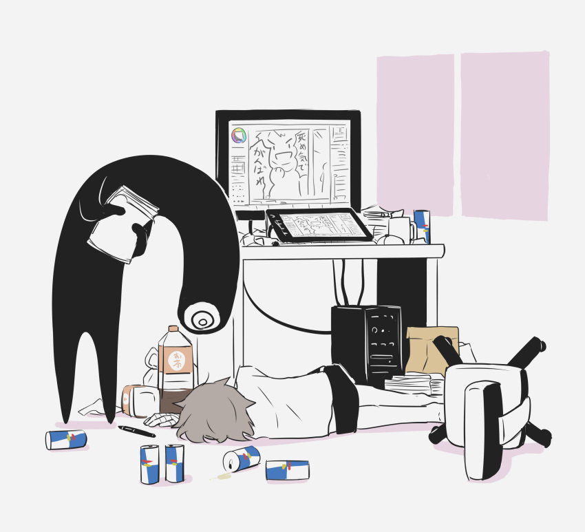 1boy absurdres avogado6 chair coffee_mug commentary computer creature cup desktop energy_drink grey_hair highres holding holding_paper image_editing_program lying mangaka messy_room mug on_floor on_side one-eyed original paper red_bull stylus unconscious