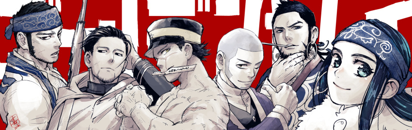 1girl 5boys ainu ainu_clothes arm_behind_head asirpa bandana beard cape chest_hair clenched_hands closed_mouth earrings facial_hair golden_kamuy gun hand_on_own_chin hat highres imperial_japanese_army jewelry kiroranke large_pectorals long_hair long_sideburns looking_at_viewer military military_hat military_uniform multiple_boys muscular muscular_male ogata_hyakunosuke one_eye_closed open_clothes open_mouth pectorals scar scar_on_arm scar_on_chest scar_on_face shiraishi_yoshitake short_hair sideburns smile sugimoto_saichi tanigaki_genjirou topless_male uniform upper_body very_short_hair weapon yoshimi
