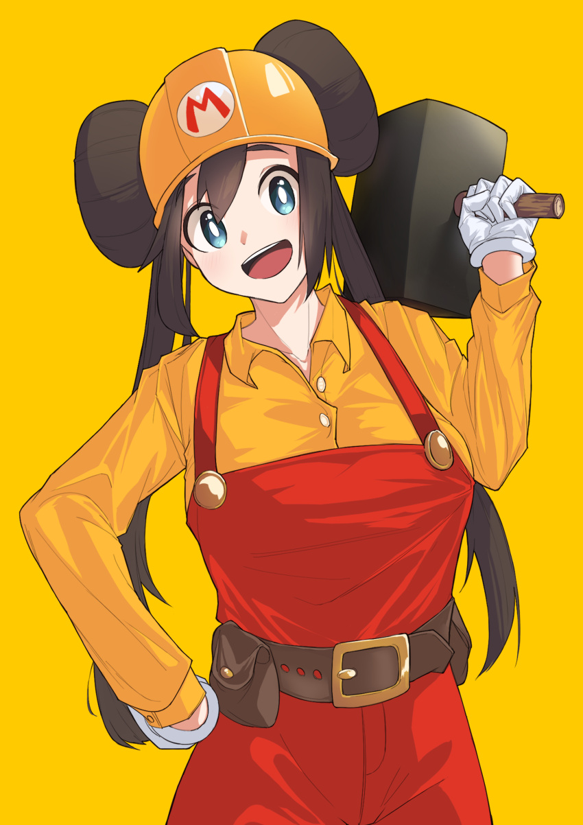 1girl :d absurdres alternate_costume bangs belt blue_eyes breasts bright_pupils brown_bag brown_belt brown_hair buttons collared_shirt commentary csc6762 double_bun gloves hammer hand_on_hip hand_up helmet highres holding holding_hammer long_hair looking_at_viewer mario_(series) open_mouth orange_headwear orange_shirt overalls pokemon pokemon_(game) pokemon_bw2 pouch red_overalls rosa_(pokemon) shirt simple_background smile solo super_mario_maker teeth tongue twintails upper_teeth white_pupils yellow_background