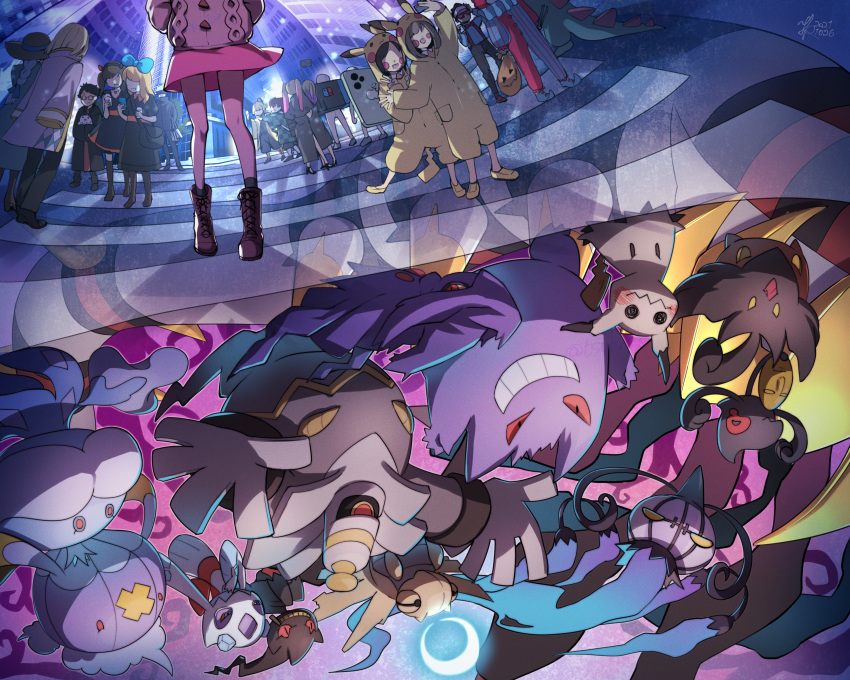 6+boys 6+girls absurdres banette boots brown_footwear cable_knit cardigan chandelure commentary_request crosswalk dress drifblim dusknoir froslass gengar giratina giratina_(origin) gloria_(pokemon) glowing grey_cardigan halloween halo highres jellicent jellicent_(male) knees mimikyu mismagius multiple_boys multiple_girls night outdoors pink_dress pokemon pokemon_(creature) pokemon_(game) pokemon_swsh pumpkaboo shedinja socks standing yamask yukichi_(tsuknak1)