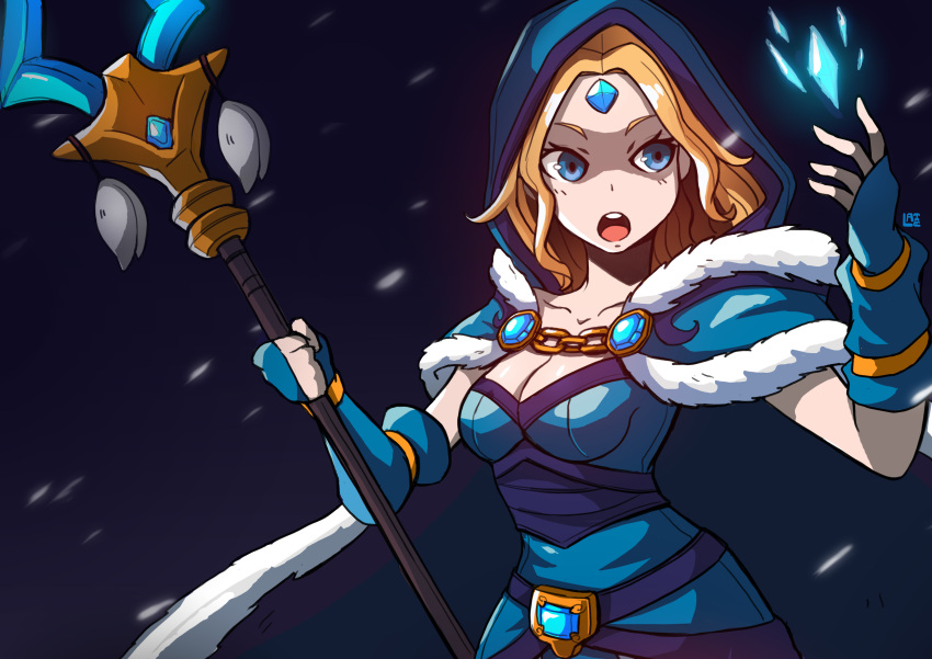 1girl :o absurdres bangs blonde_hair blue_dress blue_eyes blue_gloves breasts cape cleavage commentary crystal_maiden dota_(series) dota_2 dress fingerless_gloves forehead_jewel fur-trimmed_cape fur_trim gloves highres holding holding_wand ice lataedelan magic medium_hair open_mouth snowing solo teeth wand