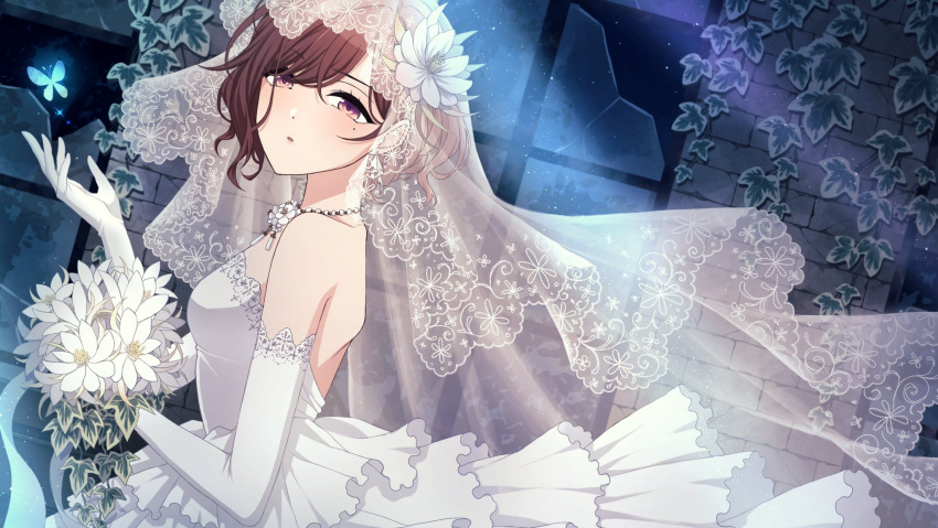 1girl ae_iueo bouquet bridal_gauntlets bridal_veil bride broken_glass bug butterfly dress floating_clothes frilled_dress frills glass gloves highres higuchi_madoka holding holding_bouquet idolmaster idolmaster_shiny_colors jewelry lace-trimmed_dress lace-trimmed_veil lace_trim looking_at_viewer looking_to_the_side mole mole_under_eye necklace outdoors plant red_eyes red_hair short_hair solo veil vines wavy_hair white_gloves