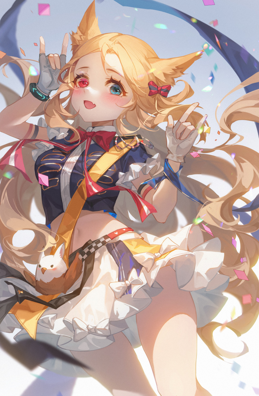 1girl :d \m/ absurdres animal_ears archetto_(arknights) archetto_(publicity_strategy)_(arknights) arknights blonde_hair blue_eyes blue_jacket blush bow bowtie confetti creature cropped_jacket double_\m/ dutch_angle fang feet_out_of_frame fingerless_gloves forehead frilled_sleeves frills gloves gradient gradient_background grey_background hair_bow heterochromia highres jacket long_hair looking_at_viewer midriff miniskirt navel official_alternate_costume red_bow red_bowtie red_eyes short_sleeves skin_fang skirt smile solo standing stomach tuzhate very_long_hair white_bow white_gloves white_skirt