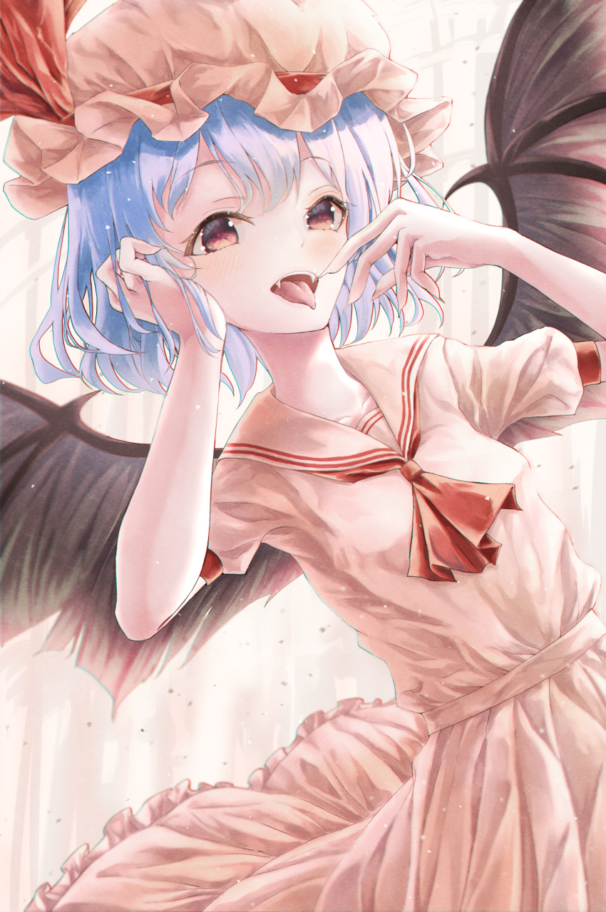 1girl ascot backlighting bangs bat_wings bloom blue_hair commentary_request dress eyebrows_visible_through_hair fangs hand_in_hair hands_up hat hat_ribbon highres light_blush looking_at_viewer mob_cap open_mouth petticoat pink_dress pink_headwear puffy_short_sleeves puffy_sleeves re_inverse red_ascot red_eyes red_ribbon remilia_scarlet ribbon short_hair short_sleeves simple_background solo tongue tongue_out touhou upper_body white_background wings