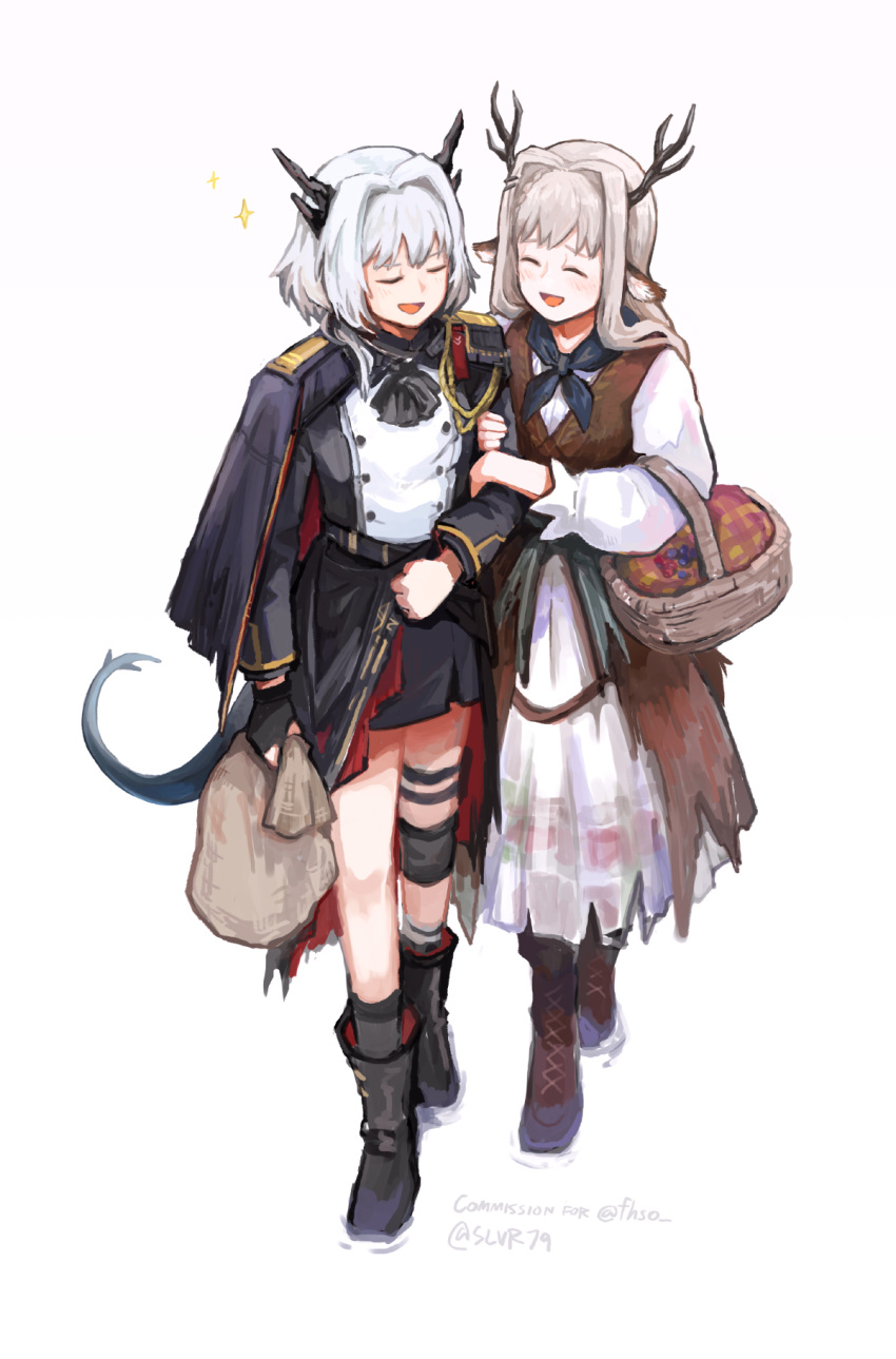 2girls :d alina_(arknights) animal_ears arknights arm_grab ascot basket black_ascot black_capelet black_footwear black_gloves black_legwear black_neckerchief black_shirt boots brown_footwear brown_hair buttons capelet closed_eyes clothing_request commentary commission deer_antlers deer_ears deer_girl dragon_girl dragon_horns dragon_tail dress elbow_carry english_commentary fingerless_gloves full_body gloves grey_hair hair_intakes happy highres holding horns knee_pads long_hair multiple_girls neckerchief official_alternate_costume open_mouth pinafore_dress sack shirt short_hair silverxp simple_background single_glove single_knee_pad smile socks sparkle tail talulah_(arknights) talulah_the_fighter_(arknights) thigh_strap torn_clothes torn_dress twitter_username white_background yuri