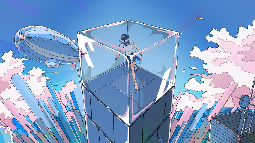 1girl absurdres aircraft barefoot blue_sky bob_cut city cloud commentary_request cube dirigible highres in_container original pleated_skirt school_uniform serafuku short_hair skirt sky surreal yasi_irasuto