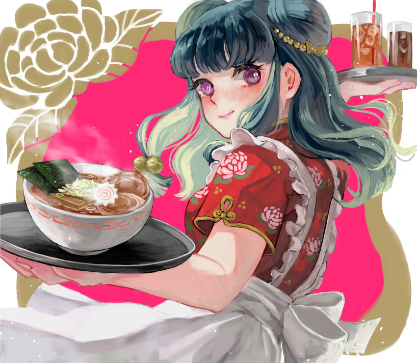 1girl apron bangs black_hair blunt_bangs blush bowl cup double_bun drinking_straw food frilled_apron frills hanio3 highres kamaboko long_hair narutomaki noodles purple_eyes ramen ranma_1/2 shampoo_(ranma_1/2) short_sleeves smile solo steam upper_body white_apron