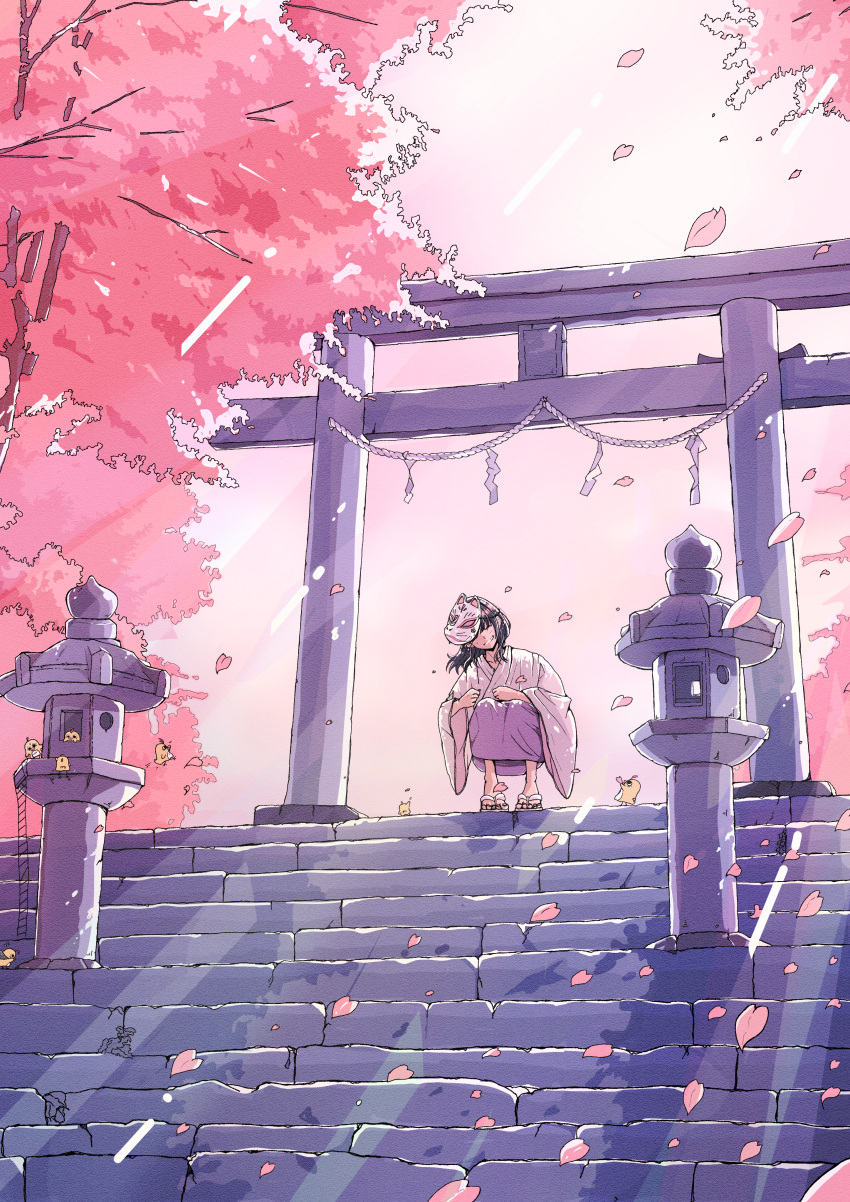 1girl absurdres architecture bird black_hair cherry_blossoms chicken east_asian_architecture fox_mask highres japanese_clothes mask original outdoors petals pink_sky scenery stairs tree yasi_irasuto