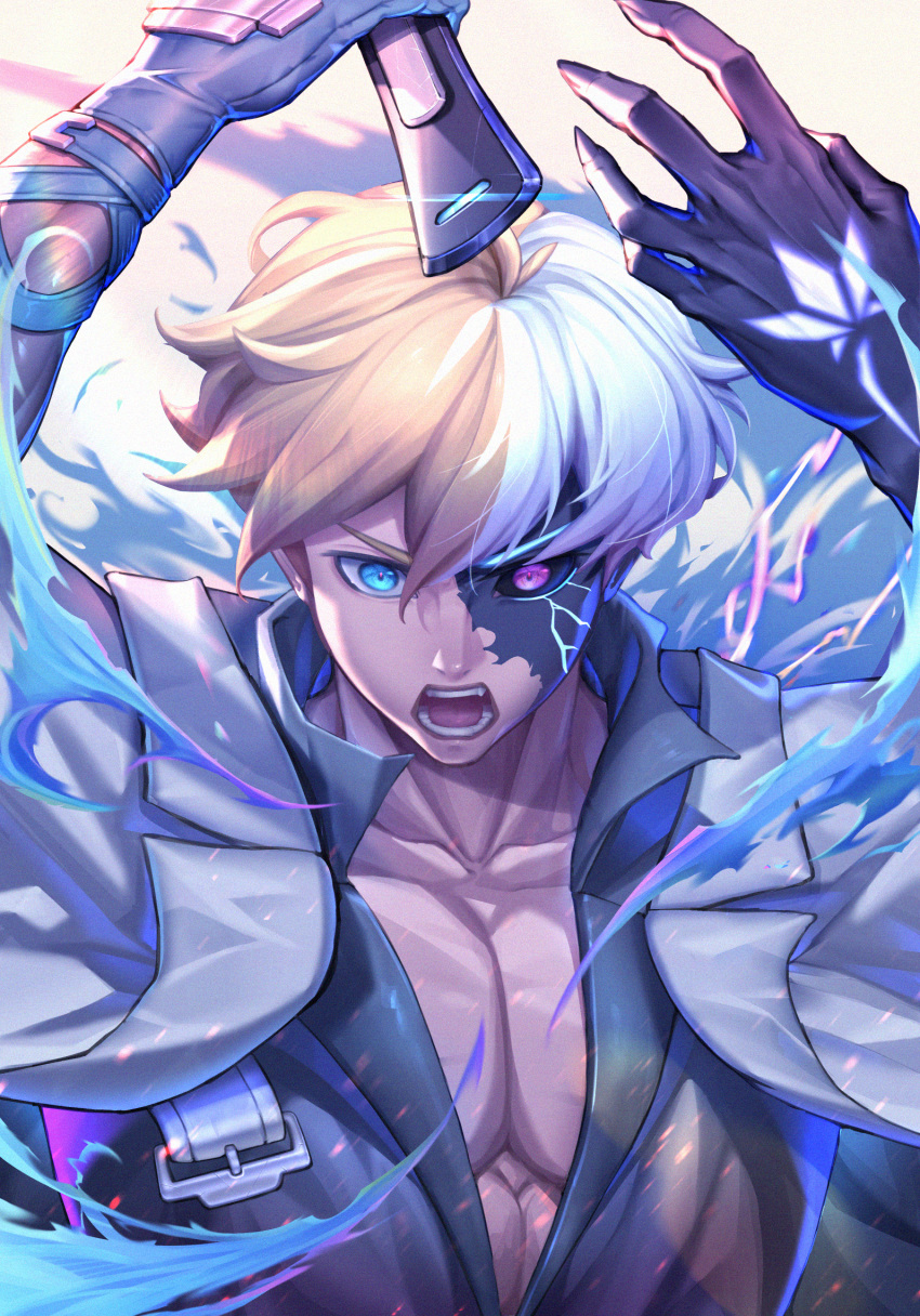 1boy aura bangs black_sclera blonde_hair blue_eyes blue_gloves blue_shirt claws colored_sclera dragon_install gloves guilty_gear guilty_gear_strive hair_between_eyes heterochromia high_collar highres holding holding_sword holding_weapon jacket jacket_on_shoulders ky_kiske male_focus open_mouth pectoral_cleavage pectorals qibi_(jenchang1117) red_eyes shirt short_hair solo sword transformation upper_body weapon white_background white_jacket