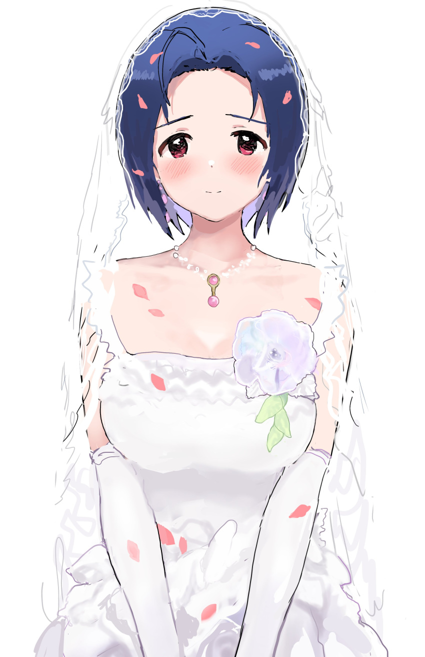 1girl absurdres ahoge bare_shoulders blush breasts bridal_gauntlets bridal_veil bride commentary_request dark_blue_hair dress forehead gloves highres hitodama_(madatohi) idolmaster idolmaster_(classic) idolmaster_million_live! large_breasts light_smile looking_at_viewer miura_azusa necktie own_hands_together petals short_hair simple_background sleeveless sleeveless_dress solo upper_body veil white_background white_dress white_gloves