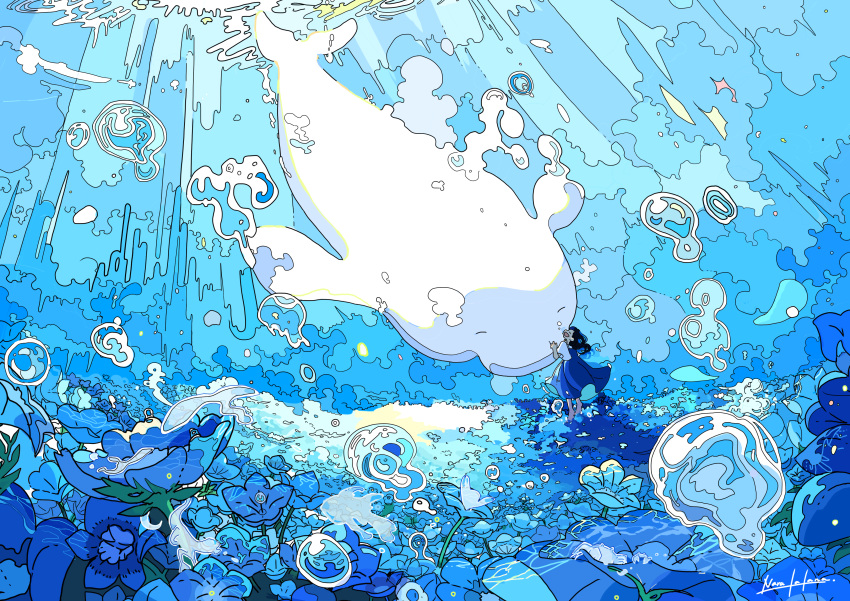 1girl absurdres animal beluga_whale blue_dress blue_theme bubble dress field flower flower_field highres nara_lalana ocean original scenery surreal underwater whale