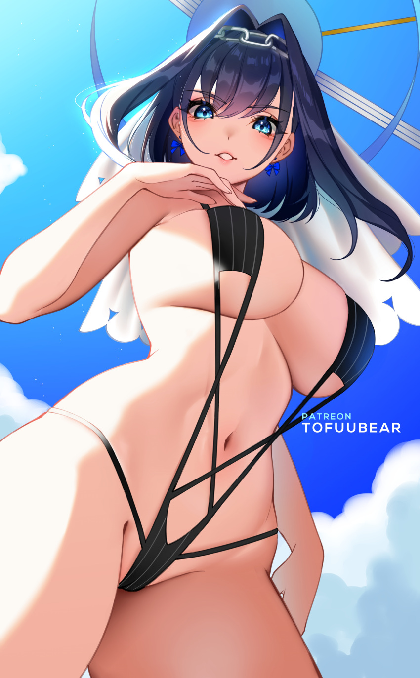 1girl absurdres bangs bikini blue_bow blue_eyes blue_hair bow bow_earrings breasts chain cloud cloudy_sky covered_nipples cross-laced_bikini cross-laced_clothes day earrings eyebrows_visible_through_hair halo head_chain headdress highres hololive hololive_english jewelry large_breasts lipgloss looking_at_viewer looking_down navel ouro_kronii parted_bangs parted_lips revealing_clothes sideboob sky solo string_bikini swimsuit tofuubear underboob veil virtual_youtuber