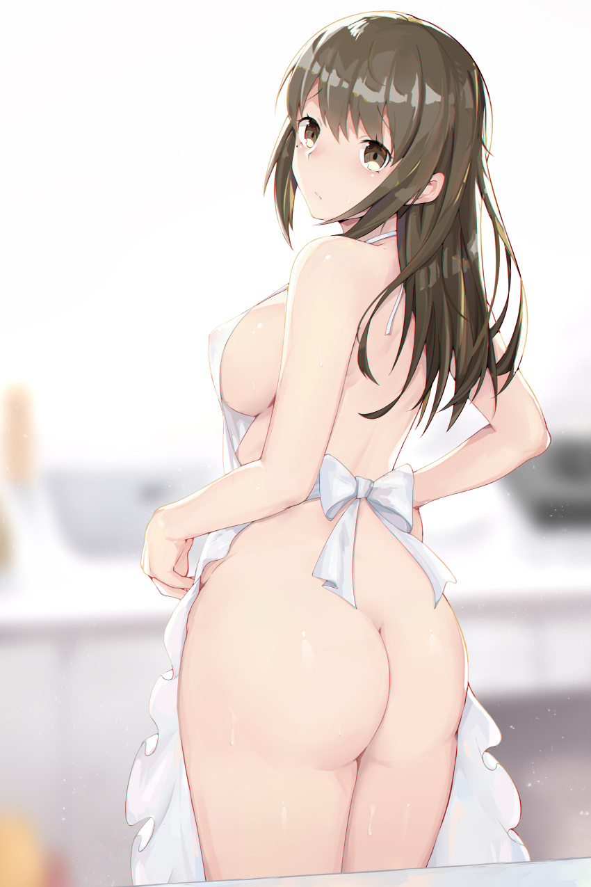 1girl :/ absurdres apron ass back backboob backlighting bangs blurry blush bow breasts brown_eyes brown_hair chromatic_aberration covered_nipples cowboy_shot depth_of_field frilled_apron frills from_behind highres indoors kitchen light_particles long_hair looking_at_viewer looking_back medium_breasts mole mole_under_eye naked_apron nanami_kazuki original sidelocks solo standing sweat white_apron