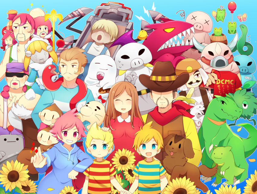 0mzum1 6+boys 6+girls aeolia_(mother_3) blonde_hair blue_eyes boney brown_hair claus_(mother_3) dog doria_(mother_3) doseisan duster_(mother) everyone fassad flint_(mother_3) flower highres hinawa ionia_(mother_3) kumatora lucas_(mother_3) monkey mother_(game) mother_3 multiple_boys multiple_girls pigmask pink_eyes pink_hair porky_minch rope_snake salsa_(mother) sunflower