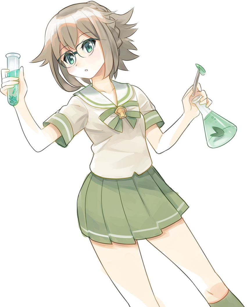 1girl alternate_costume bangs blush bow bowtie braid brown_hair collarbone commentary_request dutch_angle eyebrows_visible_through_hair flask flat_chest french_braid glasses green_bow green_bowtie green_eyes green_legwear green_skirt hair_flaps hands_up hartlief_(world_flipper) highres holding holding_flask holding_test_tube jpeg_artifacts kneehighs komuro_takahiro light_blush liquid miniskirt open_mouth pleated_skirt round-bottom_flask shiny shiny_hair shirt short_hair short_sleeves sidelocks simple_background skirt solo standing striped striped_bow striped_bowtie test_tube tied_hair tweezers white_background white_shirt world_flipper