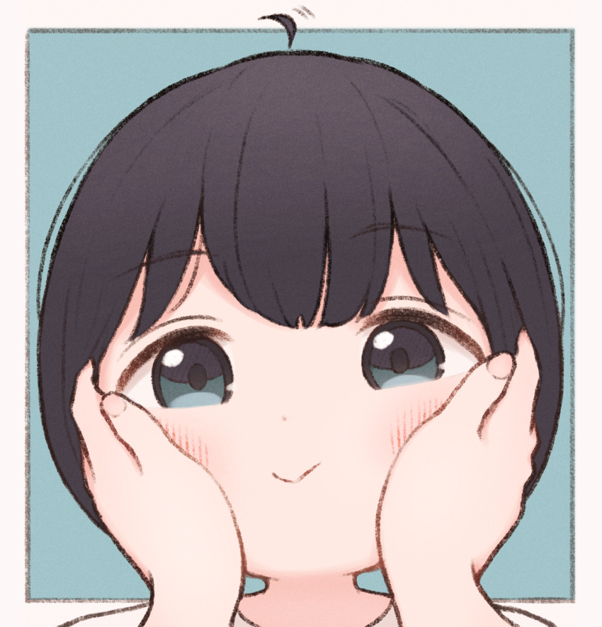1girl 1ssakawaguchi :&gt; ahoge bangs blue_background blue_eyes blush bob_cut border cheek_squash child close-up commentary dot_nose face fingernails hands_on_another's_face highres light_smile looking_at_viewer original out_of_frame portrait pov pov_hands shirt short_hair solo_focus white_border white_shirt
