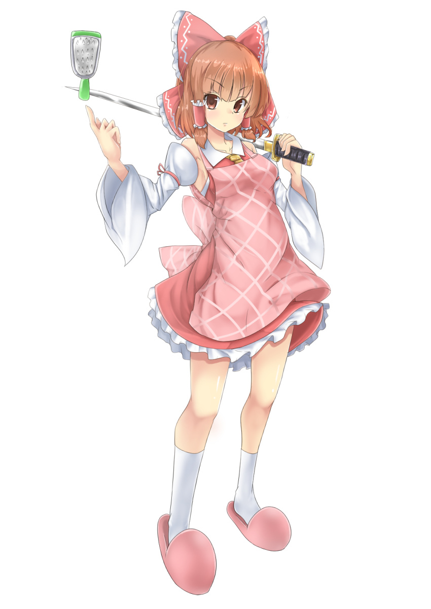 1girl apron bangs blunt_bangs blush bow breasts brown_eyes brown_hair closed_mouth commentary_request cookie_(touhou) detached_sleeves expressionless eyebrows_visible_through_hair frilled_hair_tubes frilled_skirt frills full_body grater hair_bow hair_tubes hakurei_reimu highres holding holding_sword holding_weapon hyper_muteki_(artist) katana looking_at_viewer medium_breasts medium_hair over_shoulder pink_apron pink_bow pink_footwear ponytail red_shirt red_skirt rurima_(cookie) shirt simple_background skirt sleeveless sleeveless_shirt slippers socks solo standing sword sword_over_shoulder touhou transparent_background weapon weapon_over_shoulder white_legwear white_sleeves