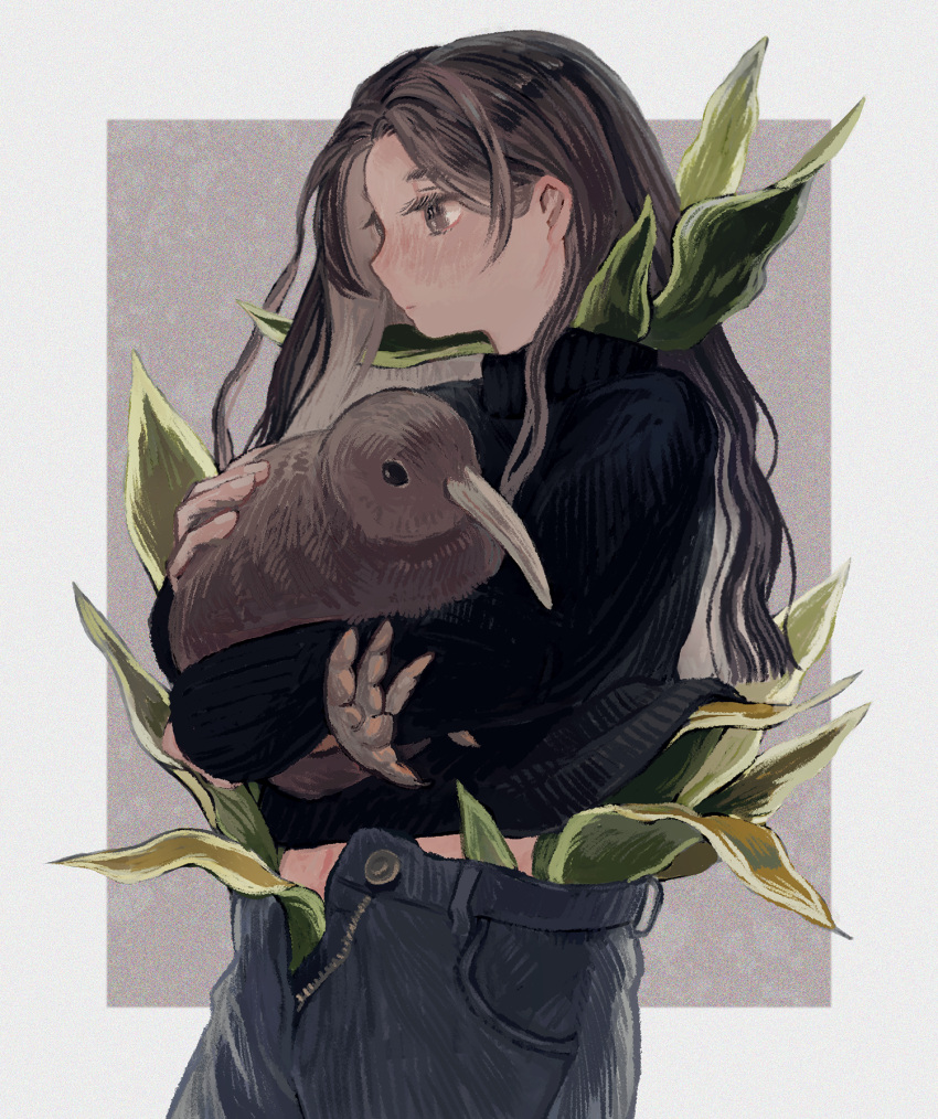 1girl animal bird black_shirt blue_pants blush brown_hair commentary cowboy_shot expressionless hanio3 highres holding holding_animal holding_bird kiwi_(bird) leaf long_hair long_sleeves open_fly original pants plant profile shirt solo