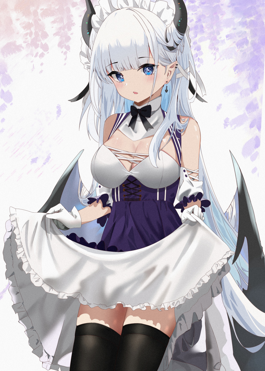 1girl absurdres bangs bare_shoulders black_bow black_legwear blue_eyes blush borrowed_character bow breasts chinese_commentary cleavage commentary_request detached_sleeves dress ear_piercing earrings eyebrows_visible_through_hair frilled_dress frills gloves grey_wings highres horns jewelry ksami looking_at_viewer low_wings maid_headdress medium_breasts original parted_lips partial_commentary piercing pointy_ears puffy_short_sleeves puffy_sleeves purple_apron short_sleeves skirt_hold solo stud_earrings thea_(nekojira) thighhighs white_dress white_gloves white_hair white_sleeves wings
