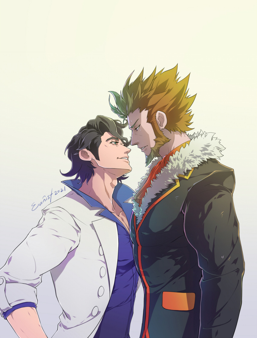 2boys augustine_sycamore beard black_hair buttons curly_hair evinist eye_contact facial_hair from_side fur-trimmed_jacket fur_trim highres imminent_kiss jacket labcoat looking_at_another lysandre_(pokemon) male_focus multiple_boys muscular muscular_male parted_lips pectorals pokemon pokemon_(game) pokemon_xy shirt signature smile symbol-only_commentary team_flare upper_body yaoi