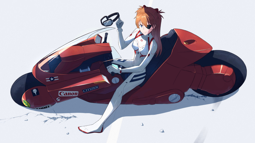 1girl akira bangs blue_eyes bodysuit breasts canon_(company) closed_mouth commentary covered_navel crossover evangelion:_3.0+1.0_thrice_upon_a_time full_body goggles goggles_removed ground_vehicle hair_ornament highres holding holding_goggles interface_headset kaneda_shoutarou's_bike long_hair looking_at_viewer medium_breasts motor_vehicle motorcycle neon_genesis_evangelion orange_hair pilot_suit plugsuit rebuild_of_evangelion sachiel sitting smile solo souryuu_asuka_langley yakisobaosu