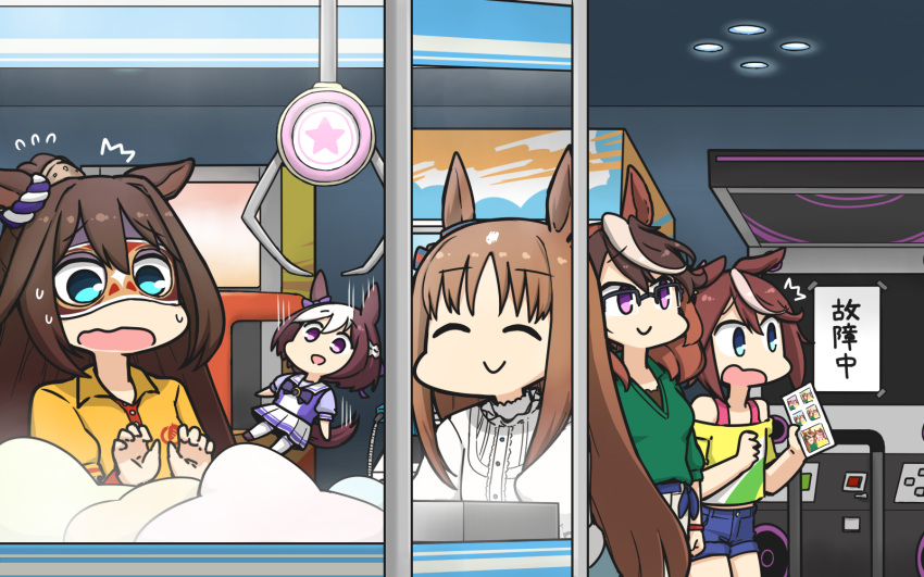 4girls :&gt; ^^^ ^_^ animal_ears arcade arcade_cabinet bangs brown_hair ceiling_light character_doll chibi closed_eyes crane_game dance_dance_revolution denim denim_shorts domino_mask el_condor_pasa_(umamusume) false_smile flying_sweatdrops grass_wonder_(umamusume) green_shirt hamu_koutarou highres horse_ears horse_girl indoors long_hair mask midriff multiple_girls open_mouth shirt shorts sleeveless sleeveless_shirt smile special_week_(umamusume) sweat symboli_rudolf_(umamusume) tokai_teio_(umamusume) translated umamusume white_shirt yellow_shirt