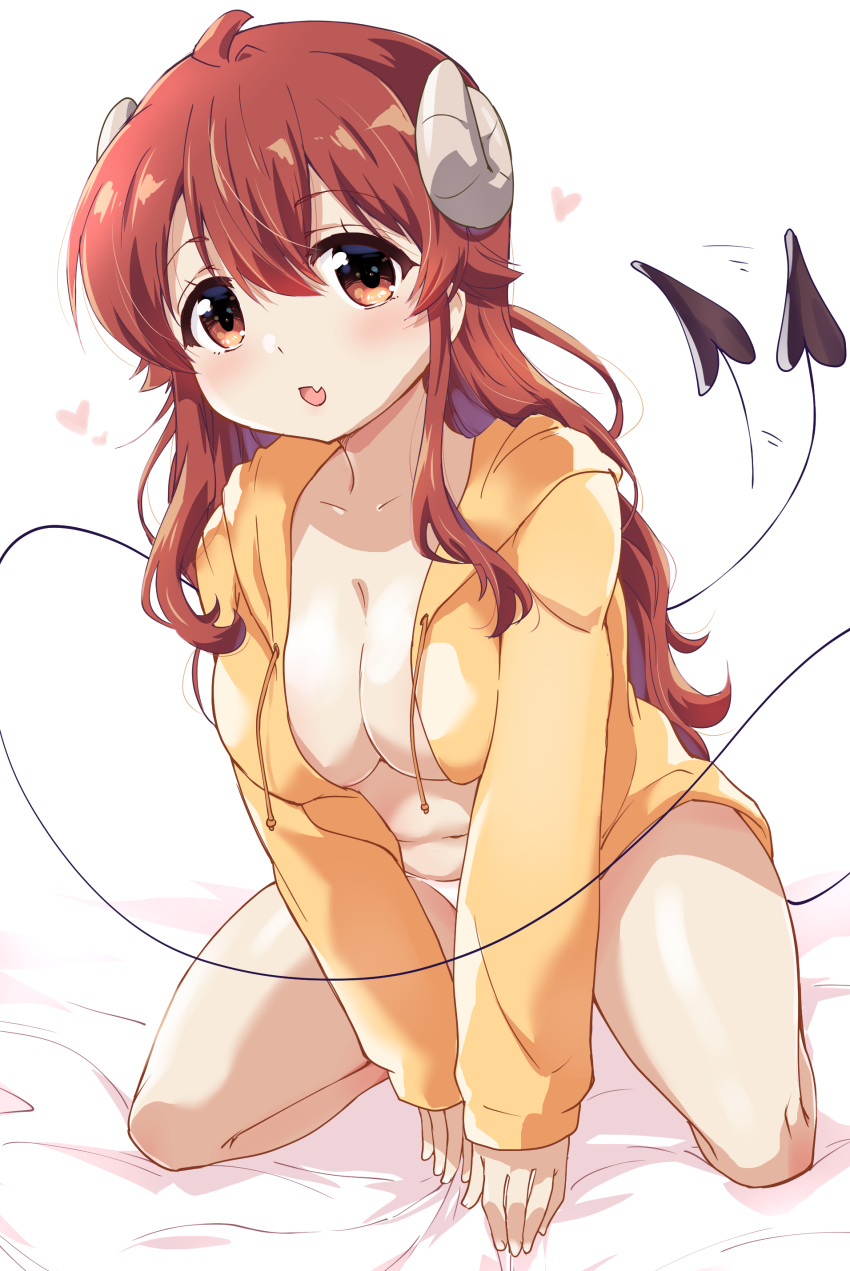 1girl absurdres breasts commentary_request curled_horns demon_girl demon_horns demon_tail eyebrows_visible_through_hair gobera heart highres horns jacket long_hair long_sleeves looking_at_viewer machikado_mazoku medium_breasts navel open_clothes open_jacket panties red_eyes red_hair simple_background solo tail tail_wagging underwear white_background white_panties yellow_jacket yoshida_yuuko_(machikado_mazoku)