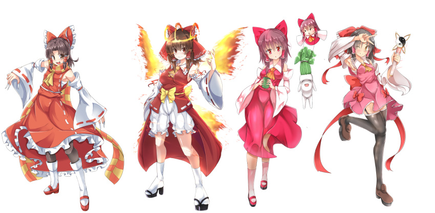 5girls arm_up armpits ascot bangs benikurage_(cookie) black_hair black_legwear bloomers blush boots bow bow_skirt breasts brown_eyes brown_footwear brown_hair closed_mouth commentary_request cookie_(touhou) cup daikon detached_sleeves dress eyebrows_visible_through_hair fangs fiery_wings fingernails fire frilled_bow frilled_hair_tubes frilled_shirt_collar frilled_skirt frills full_body garter_straps geta hair_between_eyes hair_bow hair_tubes hakurei_reimu highres holding holding_cup holding_wand hyper_muteki_(artist) kanna_(cookie) large_bow leg_up long_fingernails long_hair looking_at_viewer magical_girl medium_breasts medium_hair minigirl multiple_girls one_eye_closed open_mouth orange_scarf pantyhose parted_bangs pink_shirt pink_skirt red_bow red_dress red_eyes red_shirt red_skirt reu_(cookie) reu_daikon ribbon-trimmed_sleeves ribbon_trim sakenomi_(cookie) sananana_(cookie) sarashi scarf sharp_fingernails shirt shoes showgirl_skirt sidelocks simple_background skirt sleeveless sleeveless_shirt sleeves_past_fingers sleeves_past_wrists small_breasts smile socks standing standing_on_one_leg striped striped_scarf thighhighs touhou transparent_background triangle_mouth underwear v wand white_footwear white_legwear white_sleeves wings yellow_ascot yellow_bow yellow_eyes yellow_scarf yin_yang yunomi