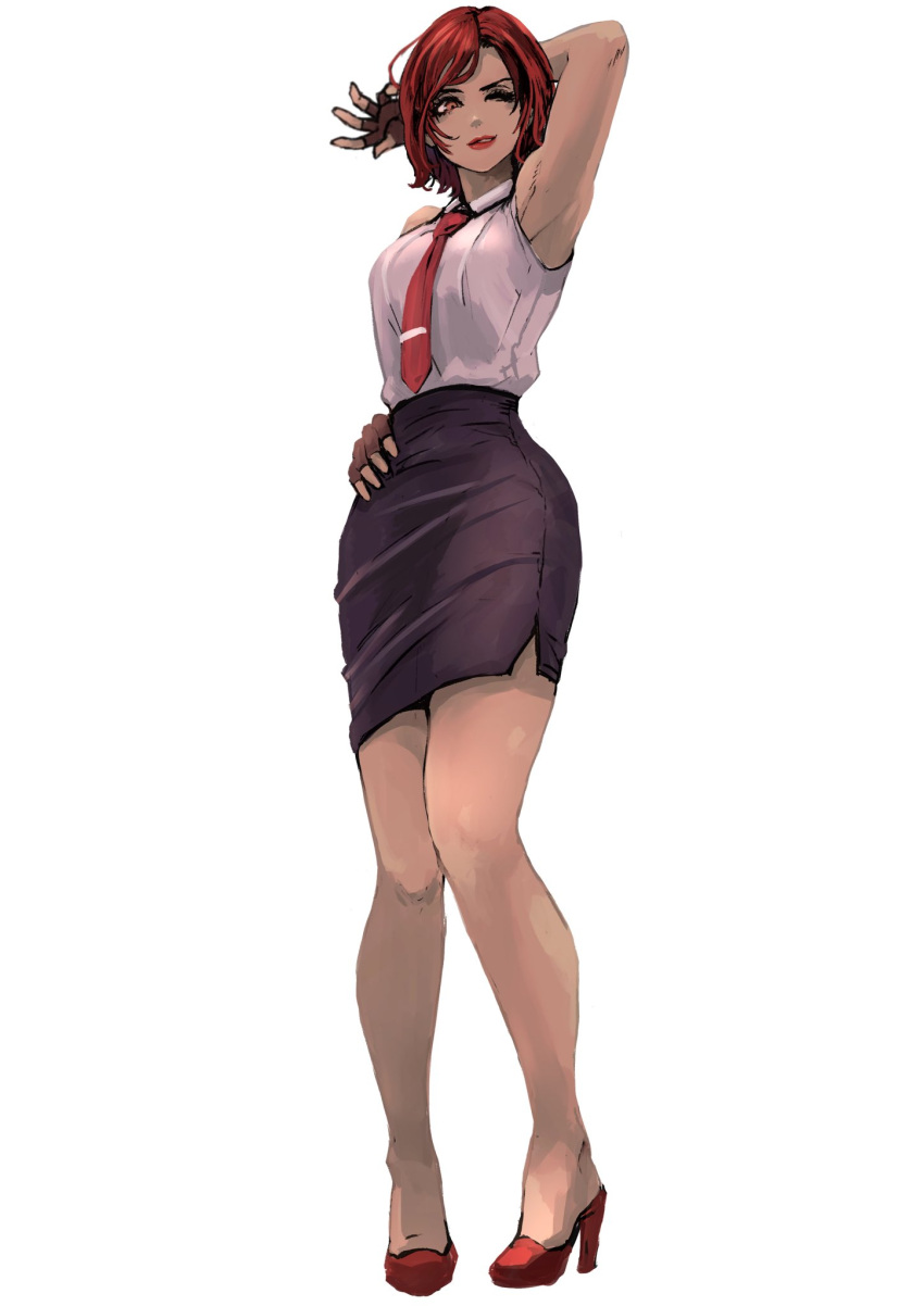 1girl 6maker commission full_body high-waist_skirt highres mature_female necktie pencil_skirt red_lips red_necktie simple_background skirt sleeveless solo standing the_king_of_fighters the_king_of_fighters_xv vanessa_(kof) white_background