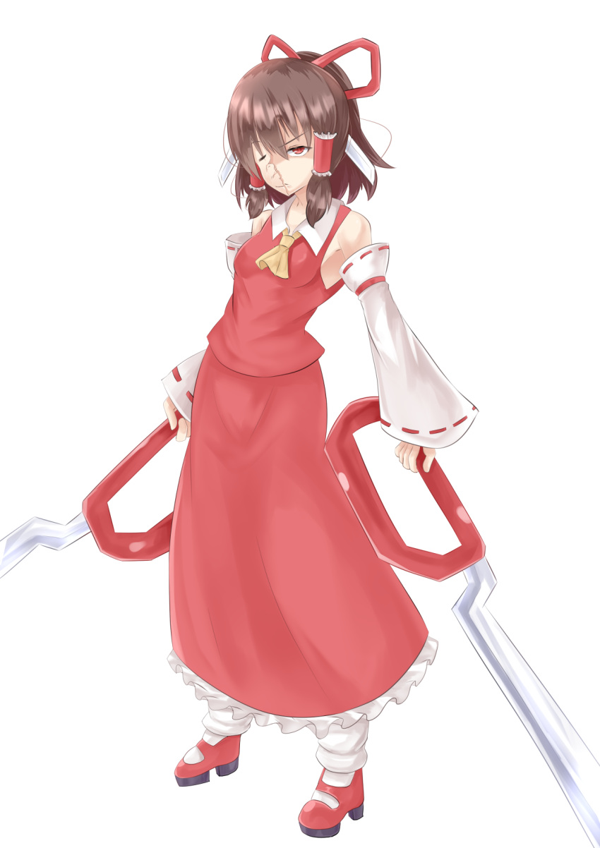 1girl 833_(cookie) ascot bangs breasts broken_mask brown_hair closed_mouth commentary_request cookie_(touhou) detached_sleeves dual_wielding eyebrows_visible_through_hair frilled_skirt frills full_body hair_ribbon hakurei_reimu highres holding hyper_muteki_(artist) long_skirt looking_at_viewer mary_janes mask mask_over_one_eye red_eyes red_footwear red_ribbon red_shirt red_skirt ribbon ribbon-trimmed_sleeves ribbon_trim scissor_blade shirt shoes short_hair simple_background skirt sleeveless sleeveless_shirt small_breasts socks solo standing touhou transparent_background white_legwear white_sleeves yellow_ascot
