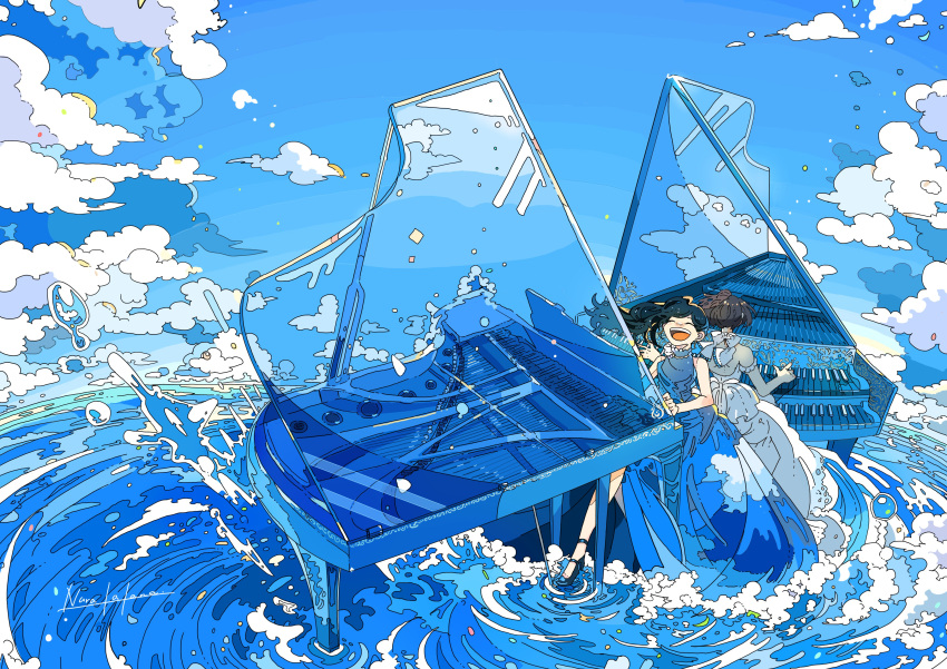 2girls :d absurdres black_hair blue_dress blue_sky blue_theme bubble cloud commentary_request dress flat_color gown highres instrument long_dress multiple_girls music nara_lalana ocean original piano playing_instrument ripples sitting sky smile surreal water