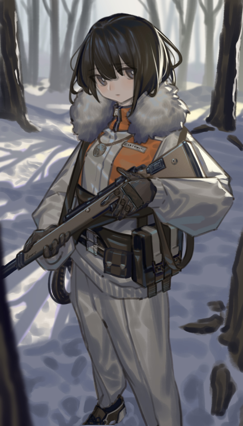 1girl bare_tree black_gloves brown_eyes brown_footwear brown_hair coat commentary_request eyebrows_visible_through_hair foot_out_of_frame forest fur-trimmed_coat fur_trim gloves gun highres holding holding_gun holding_weapon hunting lanzi_(415460661) looking_at_viewer medium_hair nature original pants pouch rifle snow solo tree weapon white_coat white_pants winter winter_clothes winter_coat