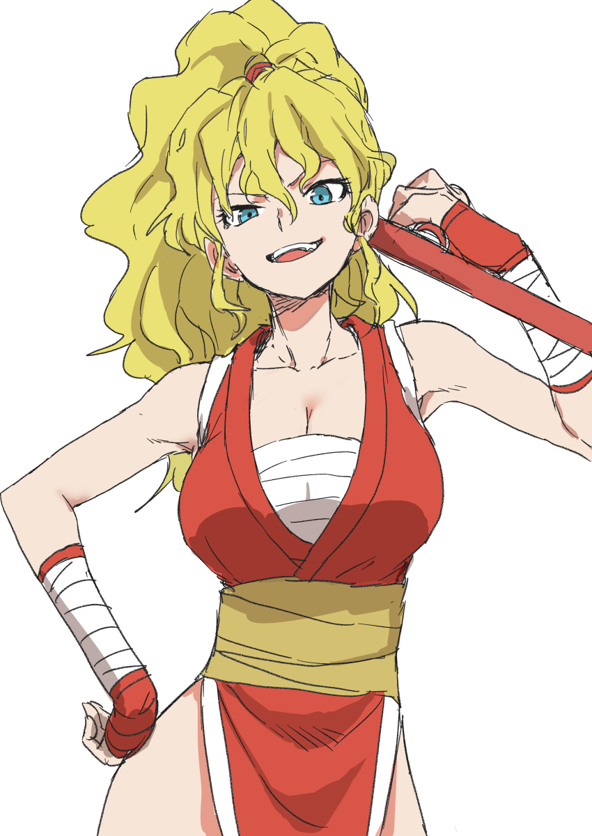 1girl absurdres blonde_hair blue_eyes breasts cleavage final_fight genryuusai_maki gloves highres large_breasts long_hair looking_at_viewer ninja open_mouth ponytail simple_background smile solo tonfa weapon white_background yamamoto_souichirou
