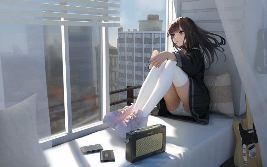 1girl absurdres balcony bangs black_hair black_shirt black_skirt blue_sky blunt_bangs building cassette_tape chinese_commentary city cloud cloudy_sky cross-laced_footwear curtains day expressionless full_body guitar highres indoors instrument legs_together long_hair madao miniskirt open_window original panties pantyshot parted_lips photo_background pillow pink_footwear pleated_skirt purple_eyes radio sailor_collar school_uniform serafuku shirt shoes sitting skirt sky sneakers solo thighhighs thighs underwear white_legwear white_panties window wings
