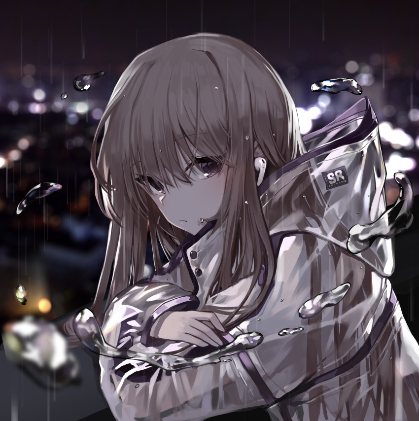 1girl absurdres airpods bangs blurry blush brown_hair closed_mouth depth_of_field eyebrows_visible_through_hair from_side highres jacket long_hair long_sleeves looking_at_viewer looking_to_the_side original outdoors purple_eyes rain see-through seorang solo upper_body