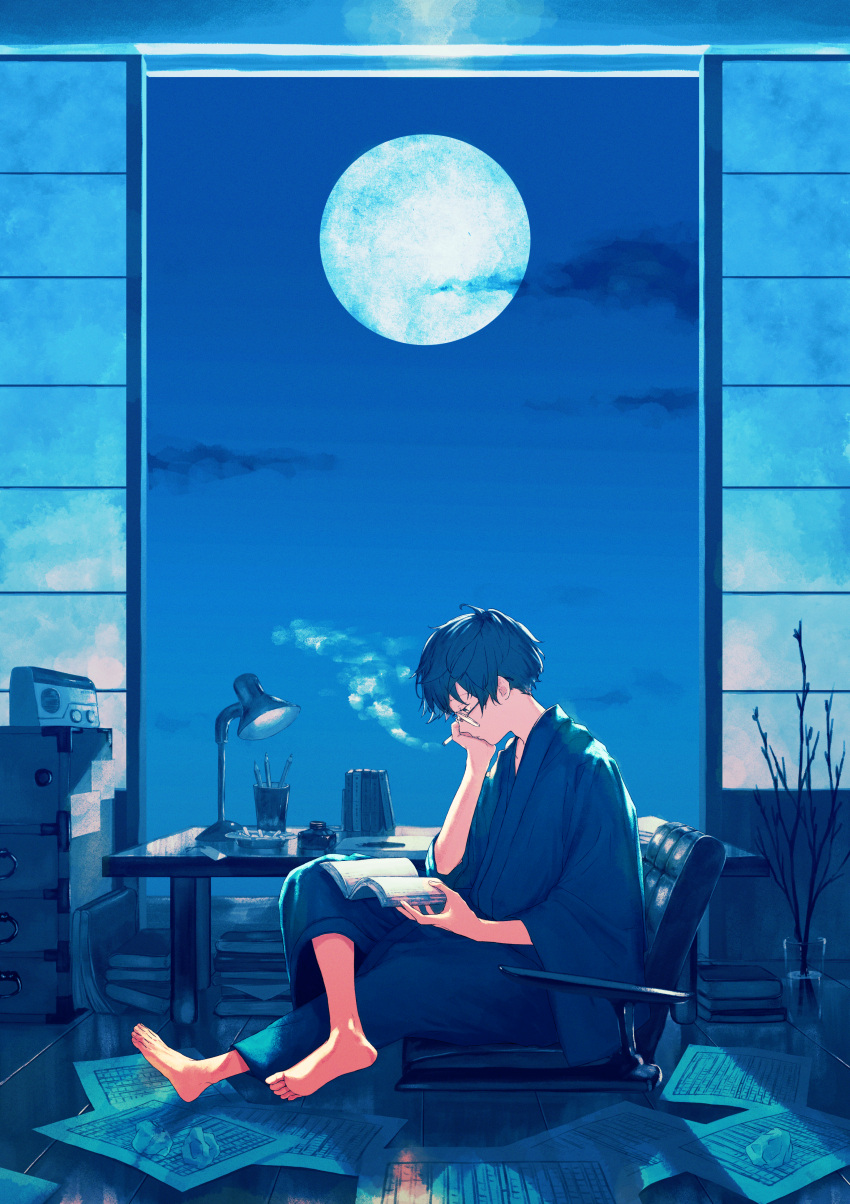 1boy absurdres ashtray barefoot black_hair blue_kimono blue_theme book book_stack branch cigarette commentary_request crumpled_paper desk_lamp from_side glasses head_rest highres indoors inkwell japanese_clothes kanai_(nai_nai) kimono lamp male_focus moon night night_sky open_book original papers pencil profile radio reading short_hair sitting sky smoke smoking soles solo table toes vase