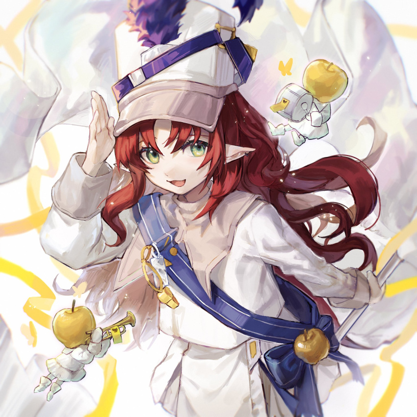 1girl apple arknights cape drum drum_major drumsticks flag food fruit golden_apple green_eyes hat highres holding holding_flag instrument long_hair long_sleeves looking_at_viewer mayf42 myrtle_(arknights) myrtle_(light_gold_celebration)_(arknights) official_alternate_costume open_mouth pointy_ears red_hair smile trumpet white_cape white_flag white_headwear