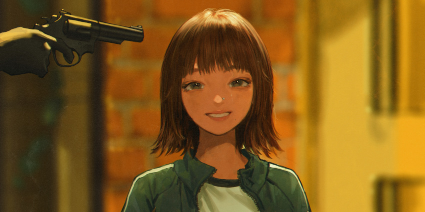 1girl 1other bangs blurry blurry_background brown_eyes brown_hair commentary english_commentary green_jacket gun handgun highres jacket ji_yeong looking_at_viewer multicolored_clothes multicolored_jacket nose_piercing outdoors piercing pistol shiny shiny_hair shirt short_hair smile solo_focus spoilers squid_game teeth two-tone_jacket wang-xi weapon white_jacket white_shirt