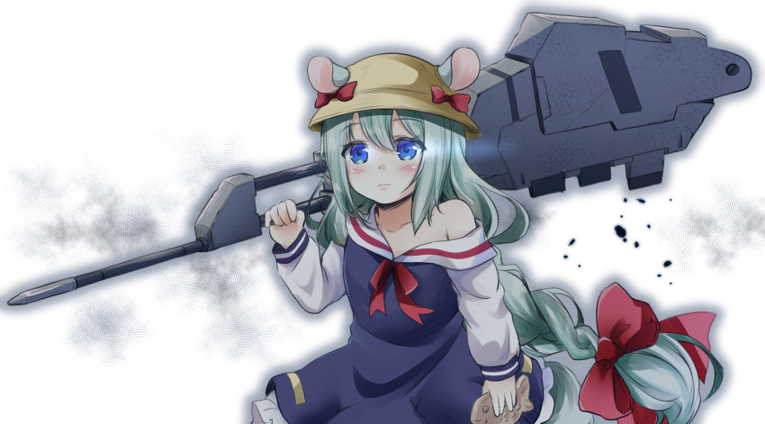 1girl animal_ears aqua_hair azur_lane blue_dress braid chainsaw claws cowboy_shot dress eyebrows_visible_through_hair food gundam gundam_barbatos gundam_tekketsu_no_orphans hair_between_eyes hat highres kindergarten_uniform long_hair long_sleeves looking_at_viewer mace mikazuki_(azur_lane) minase_tamaki namesake off_shoulder polearm school_hat short_hair solo squirrel_ears squirrel_tail standing tail taiyaki very_long_hair wagashi weapon white_background wrench yellow_headwear