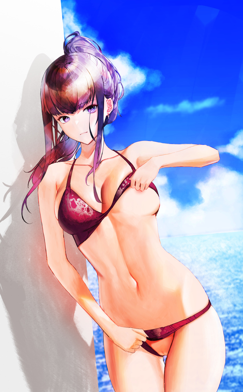 1girl absurdres areola_slip areolae arm_up bangs bare_shoulders bikini breasts closed_mouth clothing_aside cloud collarbone cross cross_earrings day earrings highres jewelry leaning_to_the_side lifted_by_self looking_at_viewer medium_breasts midriff narberal_gamma navel ocean overlord_(maruyama) panties panties_aside ponytail purple_eyes purple_hair pussy shadow shiny shiny_hair shiro0100 sidelocks sky solo swimsuit thigh_gap thighs underwear