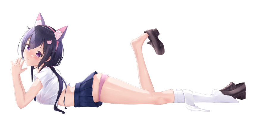 1girl animal_ears barefoot black_hair blue_skirt bra_visible_through_clothes breasts cat_ears crop_top fake_animal_ears from_side full_body hair_ornament hairband hands_up highres joko_jmc kneehighs leg_up legwear_removed loafers long_hair looking_at_viewer looking_to_the_side low_twintails lying medium_breasts microskirt midriff on_stomach original panties pink_panties pleated_skirt purple_eyes revealing_clothes see-through shirt shoe_dangle shoes short_sleeves simple_background skirt solo thighs twintails underwear white_background white_legwear white_shirt