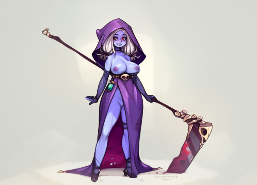 1girl blonde_hair blue_skin breasts cloak colored_skin commentary cyancapsule elbow_gloves english_commentary gloves grey_background highres holding holding_scythe hood hood_up hooded_cloak large_breasts naked_cloak nipples original partially_fingerless_gloves planted purple_cloak pussy red_eyes scythe signature simple_background smile solo standing