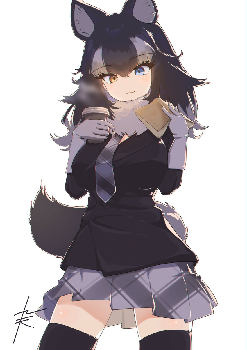 1girl 910m27r :3 animal_ears black_hair black_jacket black_legwear blue_eyes book coffee_cup commentary_request cowboy_shot cup disposable_cup eyebrows_visible_through_hair fur_collar grey_hair grey_necktie grey_skirt grey_wolf_(kemono_friends) heterochromia highres jacket kemono_friends long_hair long_sleeves multicolored_hair necktie plaid plaid_necktie plaid_skirt pleated_skirt skirt sleeve_cuffs solo straddling tail thighhighs white_fur wolf_ears wolf_girl wolf_tail yellow_eyes zettai_ryouiki