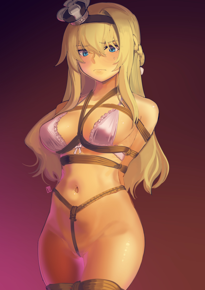 1girl arms_behind_back bdsm blonde_hair blue_eyes bondage bound bound_arms bound_legs bra braid breast_bondage breasts commentary_request crotch_rope crown french_braid highres kaddo kantai_collection long_hair medium_breasts mini_crown navel pink_bra rope shibari solo underwear warspite_(kancolle)