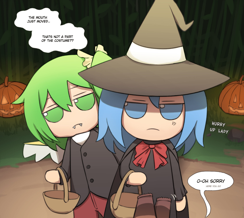 2girls alternate_costume anger_vein bangs basket black_dress blue_eyes blue_hair buttons candy chocolate cirno daiyousei dark dress english_commentary english_text fairy_wings fangs food fumo_(doll) green_eyes green_hair halloween halloween_costume hat hat_ribbon highres holding jack-o'-lantern long_sleeves mata_(matasoup) multiple_girls red_neckwear ribbon short_hair side_ponytail smile standing touhou trick_or_treat wings witch_hat