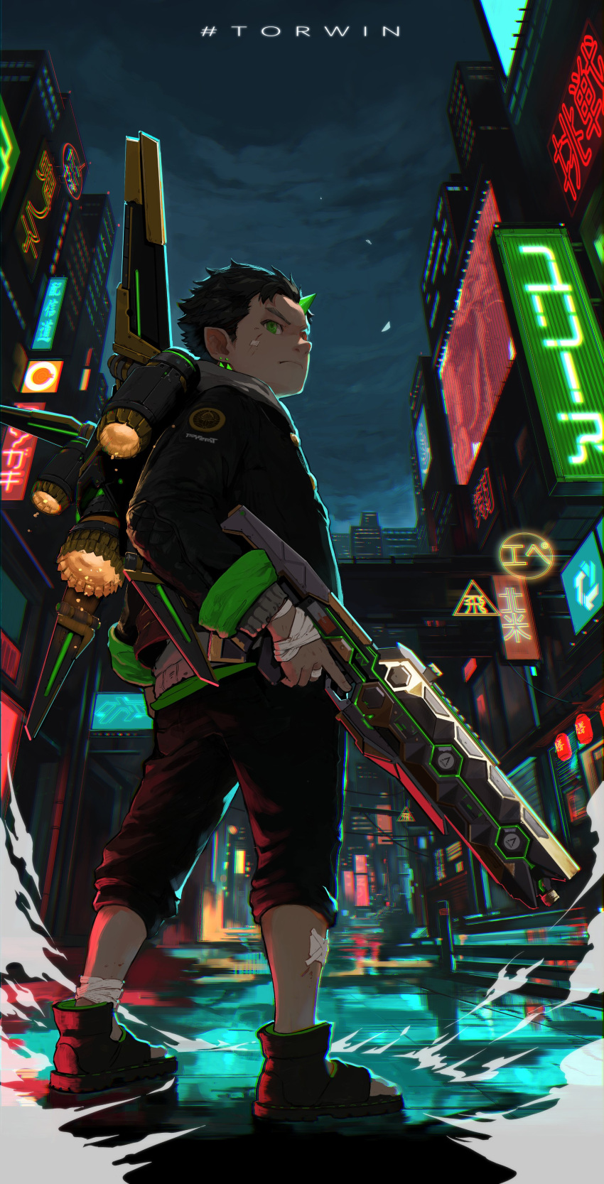 1boy absurdres apex_legends assault_rifle black_hair black_jacket black_shorts city cosplay cyberpunk from_behind green_eyes gun hair_behind_ear highres holding holding_gun holding_weapon horns jacket jetpack male_focus pexsuki pointy_ears rifle rkn_(gamer) sandals shorts single_horn solo thrusters torrent_(esports) valkyrie_(apex_legends) valkyrie_(apex_legends)_(cosplay) vk-47_flatline weapon