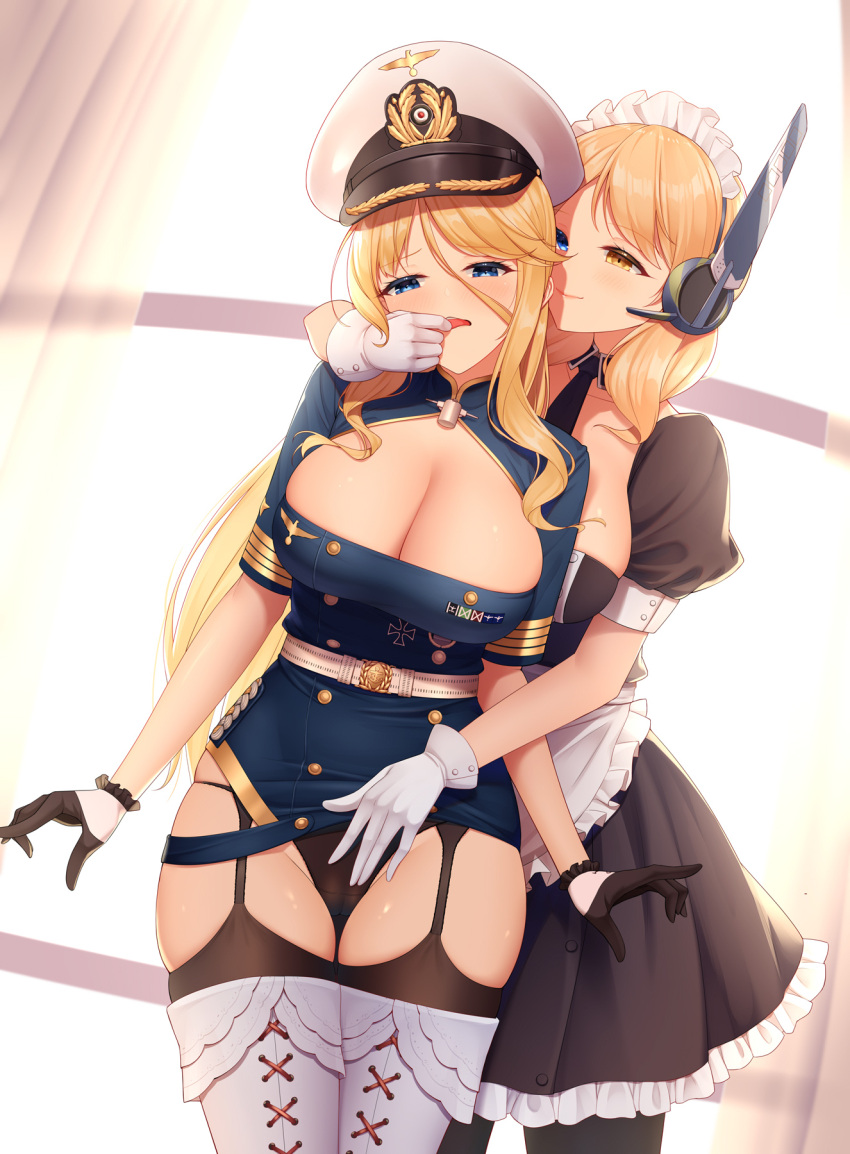 2girls anchor_print apron bangs belt between_breasts black_gloves black_legwear black_necktie black_panties blonde_hair blue_eyes boots breasts buttons cameltoe center_opening cleavage closed_mouth clothes_lift cross-laced_footwear curtains double-breasted dress fingering fingering_through_clothes frilled_apron frilled_dress frills from_behind garter_straps gloves gold_trim hair_between_eyes hair_ornament hand_on_another's_crotch hand_on_another's_face hat headphones heterochromia highres laoan large_breasts legs_apart maid_apron maid_headdress military miniskirt multiple_girls necktie open_clothes panties parted_bangs pinstripe_pattern pinstripe_shirt puffy_short_sleeves puffy_sleeves renown_(warship_girls_r) scharnhorst_(warship_girls_r) shirt short_sleeves shrug_(clothing) skirt skirt_lift striped thigh_boots thighhighs through_clothes tongue tongue_out underwear warship_girls_r white_gloves window yellow_eyes yuri