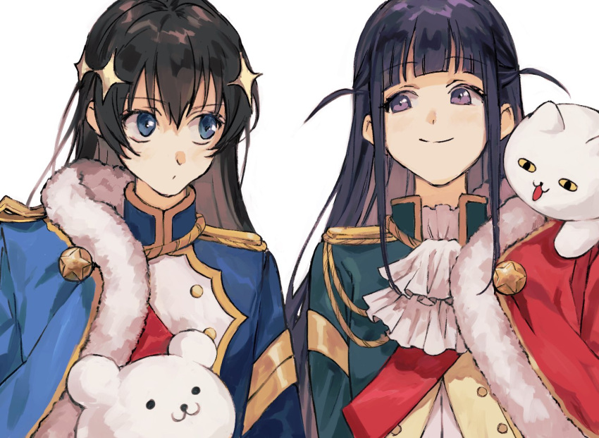 2girls aiguillette arm_at_side ascot bangs black_hair blue_eyes blue_jacket blunt_bangs buttons closed_mouth epaulettes eyebrows_visible_through_hair fur-trimmed_jacket fur_trim gold_trim green_jacket hair_between_eyes hair_ornament jacket jacket_on_shoulders kagura_hikari kozukue_(estsuk) light_blush long_hair looking_at_another looking_to_the_side multiple_girls purple_eyes purple_hair red_jacket red_sash sash shoujo_kageki_revue_starlight side-by-side sidelocks sideways_glance simple_background smile sparkle_hair_ornament stuffed_animal stuffed_cat stuffed_toy teddy_bear tsuyuzaki_mahiru two_side_up upper_body white_ascot white_background