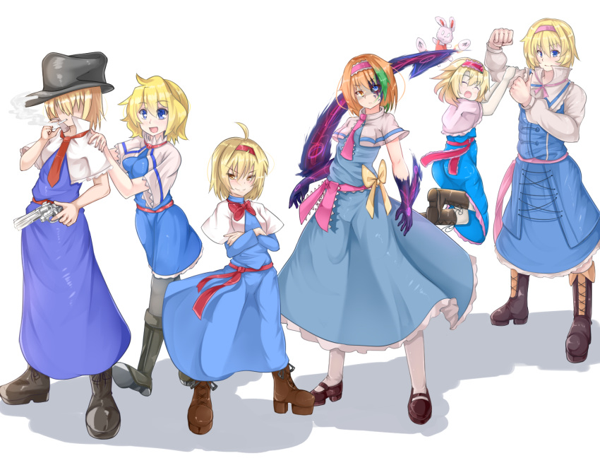 6+girls ahoge alice_margatroid arrow_(symbol) bangs black_footwear black_headwear blonde_hair blue_dress blue_eyes bois_de_justice boots bow bowtie breasts capelet cigarette closed_eyes closed_mouth collared_capelet commentary_request cookie_(touhou) corruption cross-laced_footwear crossed_arms dies_irae dress eyebrows_visible_through_hair fedora frilled_capelet frilled_dress frilled_hairband frilled_neckwear frilled_sash frills full_body gaba_physics green_hair hair_between_eyes hair_over_eyes hairband hat heterochromia highres hinase_(cookie) hyper_muteki_(artist) ichigo_(cookie) jigen_(cookie) jumping light_brown_hair long_dress looking_at_viewer medium_breasts multiple_girls necktie open_mouth pink_hairband pink_necktie pink_sash platform_footwear red_bow red_bowtie red_hairband red_necktie red_sash sakuranbou_(cookie) sash shinza_bansho_series short_hair small_breasts smile smoke socks standing stuffed_animal stuffed_bunny stuffed_toy taisa_(cookie) touhou web_(cookie) white_capelet white_legwear yellow_bow yellow_eyes